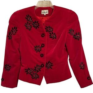 Dahoi Vintage Korean Cotton Velvet Jacket Red Silk Embroidered Flowers Fitted 6